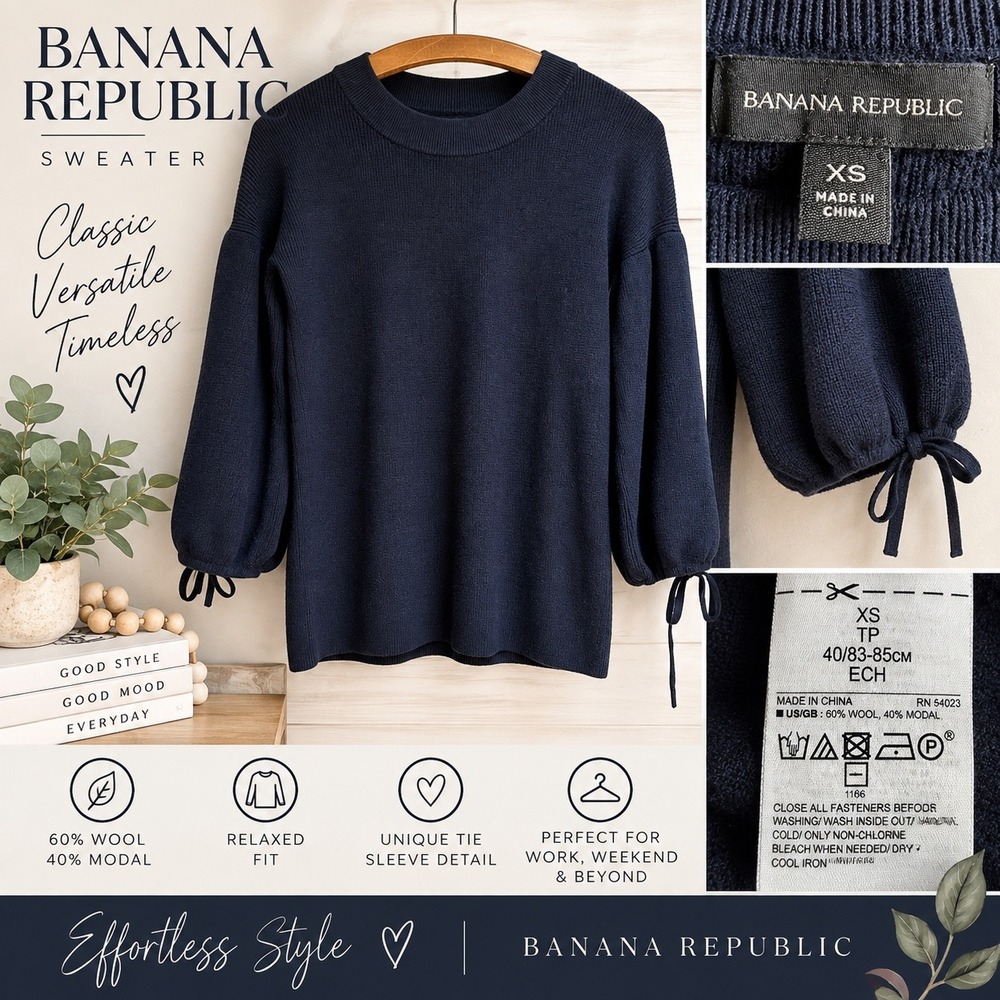 Banana Republic Navy Wool Blend Tie Sleeve Sweater XS Preppy Chic Minimalist